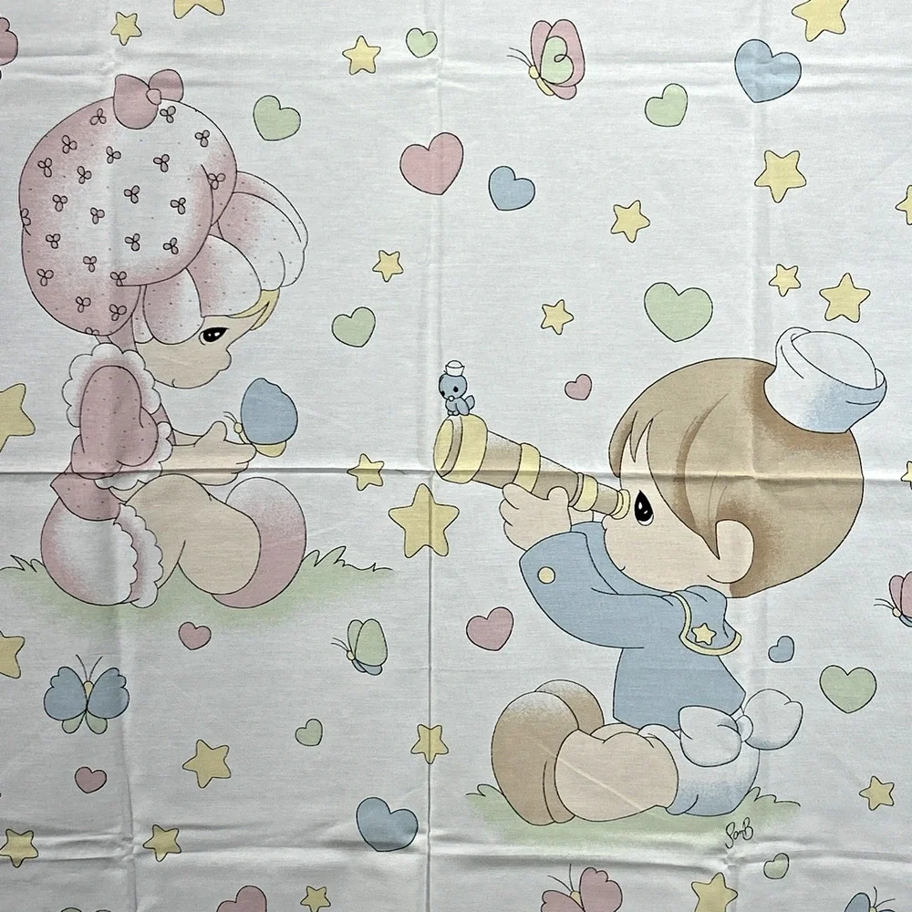 Vtg 1998 Precious Moments Boy Girl Crib Blanket/Sheet Fabric Panel Hearts Stars